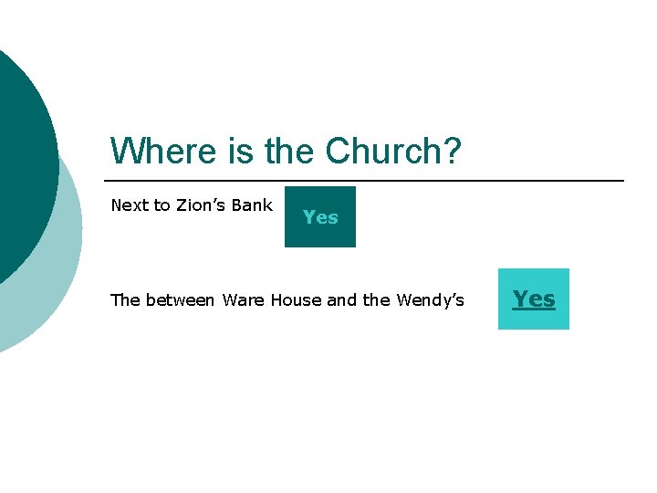 Where is the Church? Next to Zion’s Bank Yes The between Ware House and