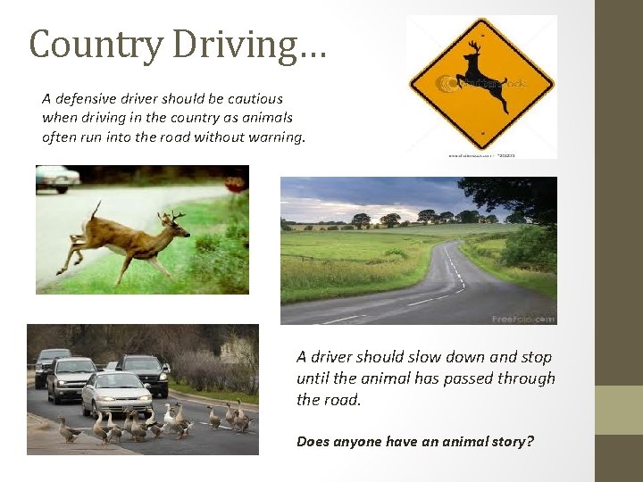 Country Driving… A defensive driver should be cautious when driving in the country as Country Driving… A defensive driver should be cautious when driving in the country as