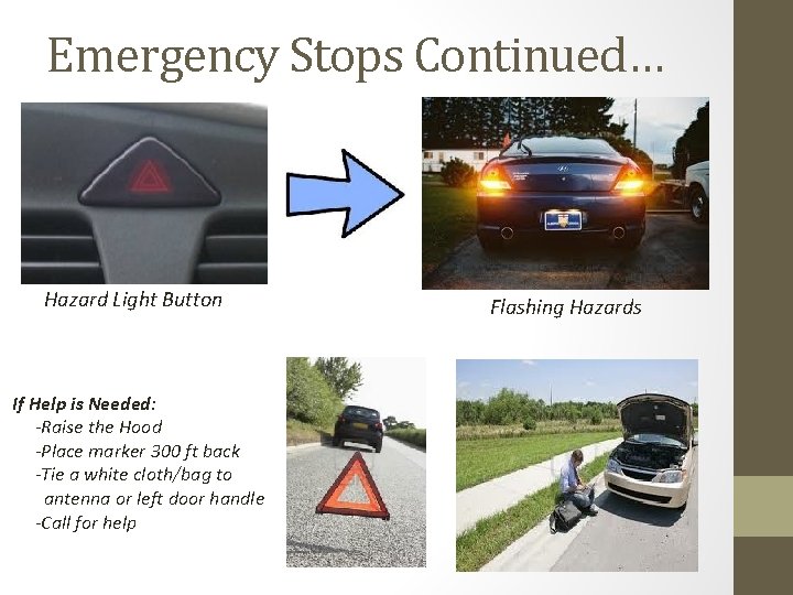Emergency Stops Continued… Hazard Light Button If Help is Needed: -Raise the Hood -Place Emergency Stops Continued… Hazard Light Button If Help is Needed: -Raise the Hood -Place