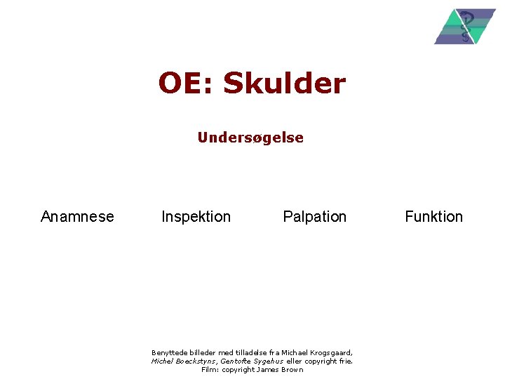 OE: Skulder Undersøgelse Anamnese Inspektion Palpation Benyttede billeder med tilladelse fra Michael Krogsgaard, Michel