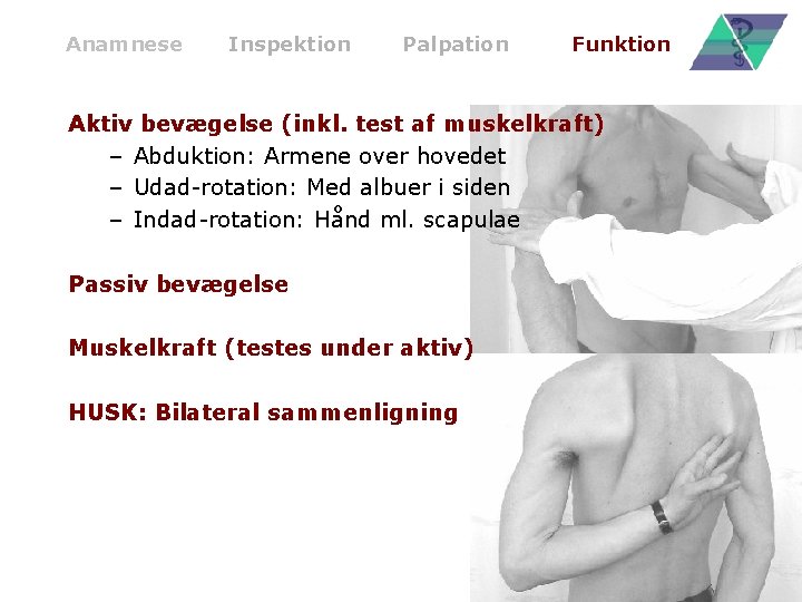 Anamnese Inspektion Palpation Funktion Aktiv bevægelse (inkl. test af muskelkraft) – Abduktion: Armene over