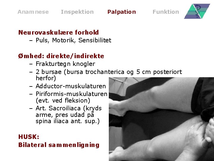 Anamnese Inspektion Palpation Funktion Neurovaskulære forhold – Puls, Motorik, Sensibilitet Ømhed: direkte/indirekte – Frakturtegn