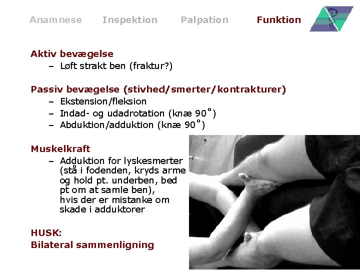 Anamnese Inspektion Palpation Funktion Aktiv bevægelse – Løft strakt ben (fraktur? ) Passiv bevægelse