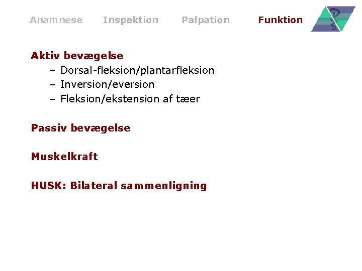 Anamnese Inspektion Palpation Aktiv bevægelse – Dorsal-fleksion/plantarfleksion – Inversion/eversion – Fleksion/ekstension af tæer Passiv