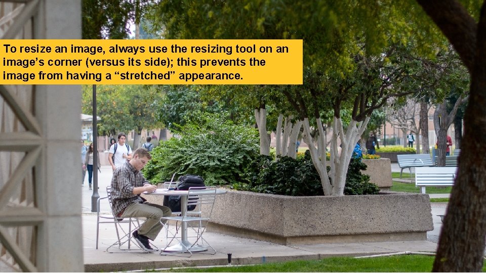 To resize an image, always use the resizing tool on an image’s corner (versus