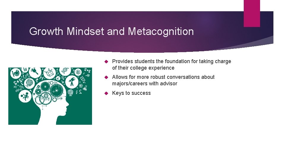 Growth Mindset and Metacognition Provides students the foundation for taking charge of their college