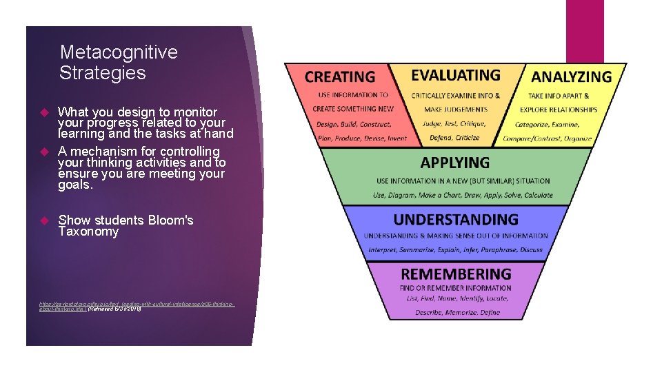 Metacognitive Strategies What you design to monitor your progress related to your learning and