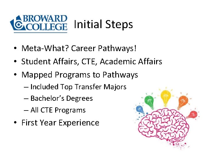 Initial Steps • Meta-What? Career Pathways! • Student Affairs, CTE, Academic Affairs • Mapped