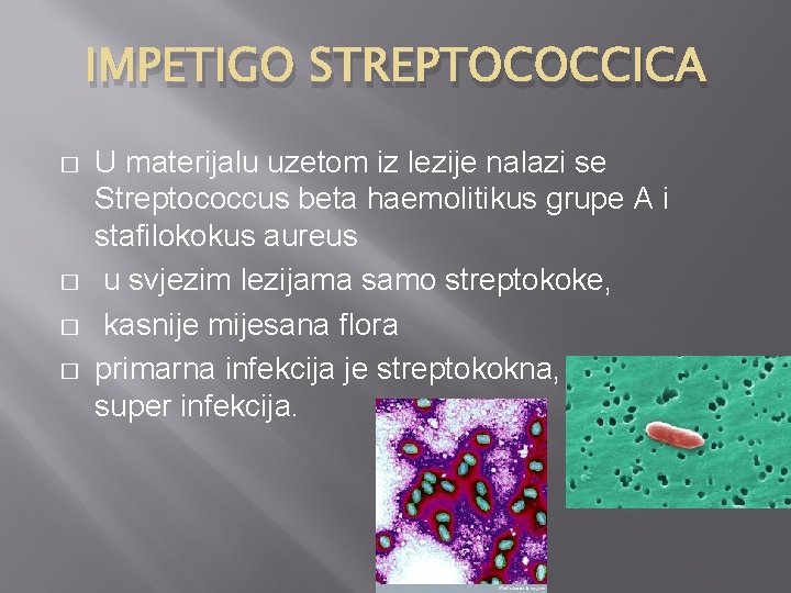 IMPETIGO STREPTOCOCCICA � � U materijalu uzetom iz lezije nalazi se Streptococcus beta haemolitikus