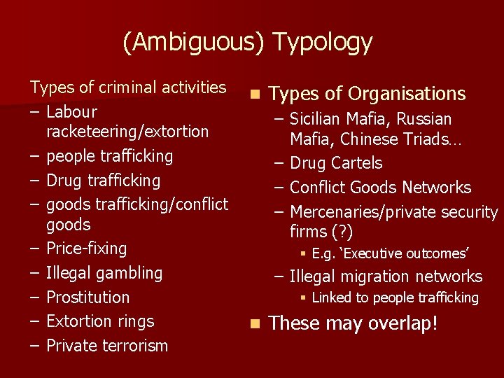 (Ambiguous) Typology Types of criminal activities n Types of Organisations – Labour – Sicilian (Ambiguous) Typology Types of criminal activities n Types of Organisations – Labour – Sicilian