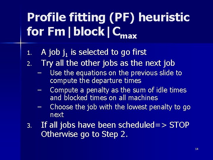 Profile fitting (PF) heuristic for Fm|block|Cmax 1. 2. A job j 1 is selected