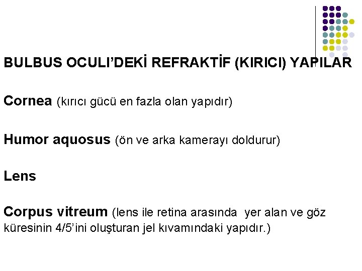 BULBUS OCULI’DEKİ REFRAKTİF (KIRICI) YAPILAR Cornea (kırıcı gücü en fazla olan yapıdır) Humor aquosus