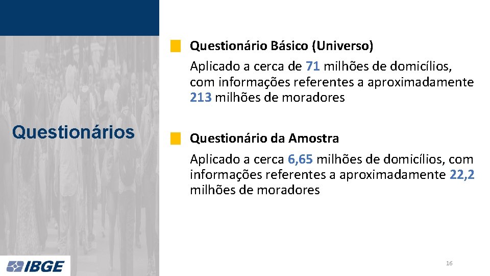 Questionário Básico (Universo) Aplicado a cerca de 71 milhões de domicílios, com informações referentes