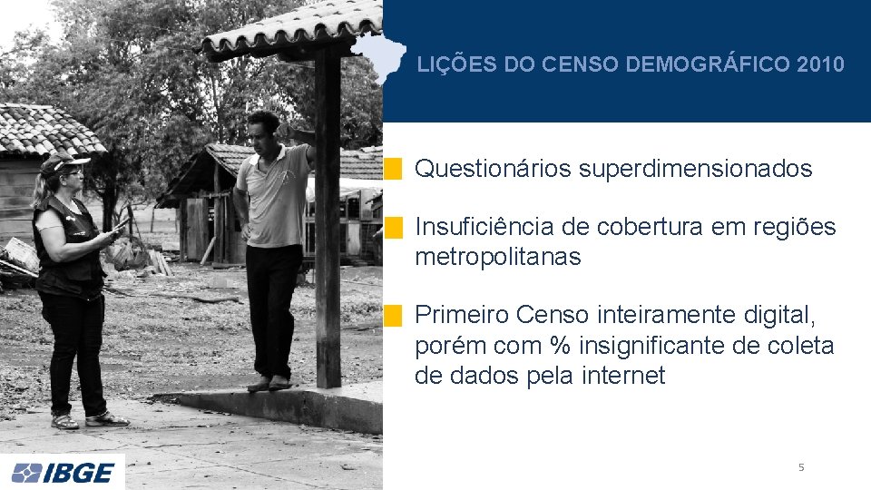 LIÇÕES DO CENSO DEMOGRÁFICO 2010 Questionários superdimensionados Insuficiência de cobertura em regiões metropolitanas Primeiro