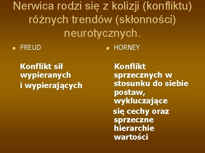 Nerwica rodzi się z kolizji (konfliktu) różnych trendów (skłonności) neurotycznych. n FREUD Konflikt sił