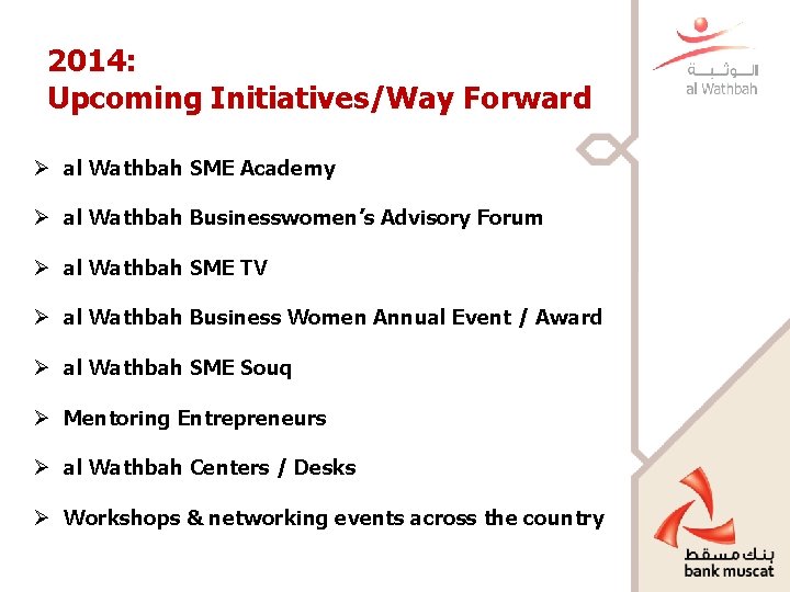 2014: Upcoming Initiatives/Way Forward Ø al Wathbah SME Academy Ø al Wathbah Businesswomen’s Advisory
