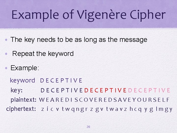 Example of Vigenère Cipher • The key needs to be as long as the