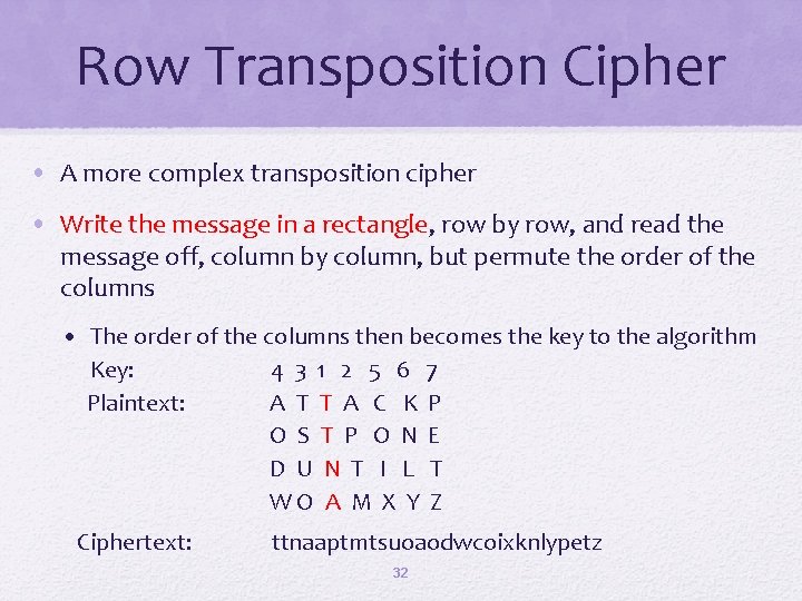 Row Transposition Cipher • A more complex transposition cipher • Write the message in