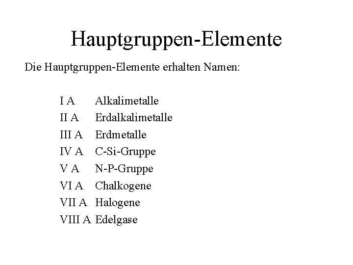 Hauptgruppen-Elemente Die Hauptgruppen-Elemente erhalten Namen: IA II A IV A VA VIII A Alkalimetalle