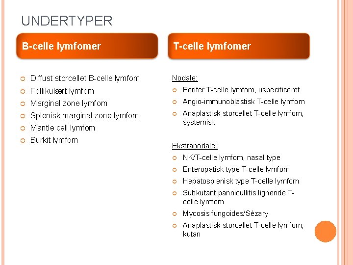 UNDERTYPER B-celle lymfomer T-celle lymfomer Diffust storcellet B-celle lymfom Nodale: Follikulært lymfom Perifer T-celle UNDERTYPER B-celle lymfomer T-celle lymfomer Diffust storcellet B-celle lymfom Nodale: Follikulært lymfom Perifer T-celle