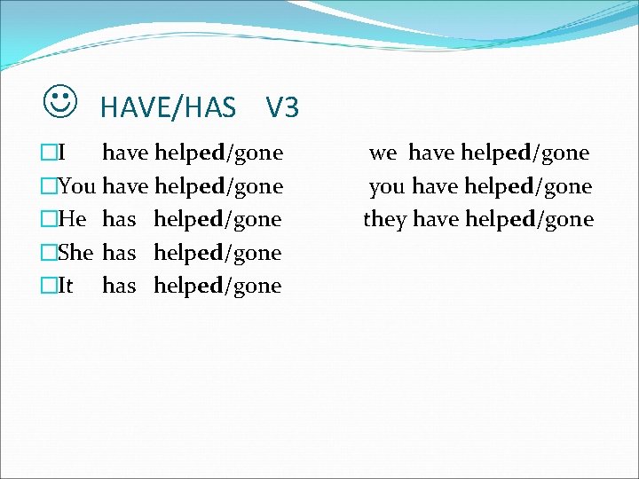  HAVE/HAS V 3 �I have helped/gone �You have helped/gone �He has helped/gone �She