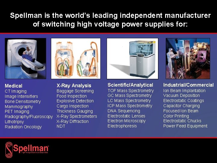 Spellman is the world’s leading independent manufacturer of switching high voltage power supplies for: Spellman is the world’s leading independent manufacturer of switching high voltage power supplies for: