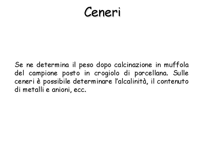 Ceneri Se ne determina il peso dopo calcinazione in muffola del campione posto in