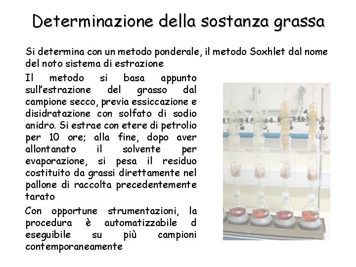 Determinazione della sostanza grassa Si determina con un metodo ponderale, il metodo Soxhlet dal