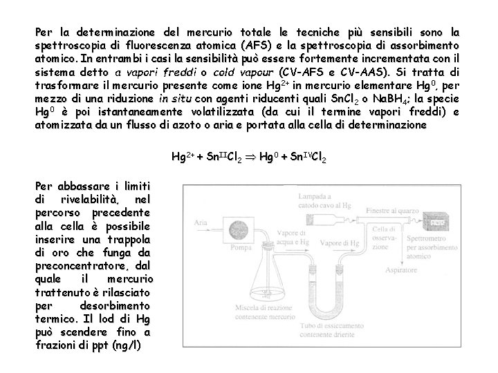 Per la determinazione del mercurio totale le tecniche più sensibili sono la spettroscopia di