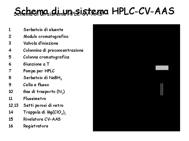 Schema di un sistema HPLC-CV-AAS 1 Serbatoio di eluente 2 Modulo cromatografico 3 Valvola