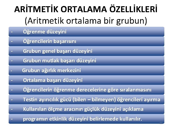 ARİTMETİK ORTALAMA ÖZELLİKLERİ (Aritmetik ortalama bir grubun) - Öğrenme düzeyini - Öğrencilerin başarısını -