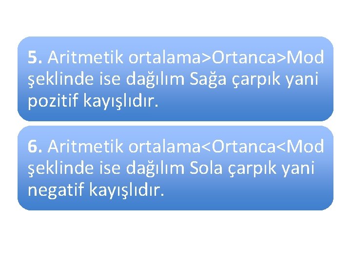 5. Aritmetik ortalama>Ortanca>Mod şeklinde ise dağılım Sağa çarpık yani pozitif kayışlıdır. 6. Aritmetik ortalama<Ortanca<Mod