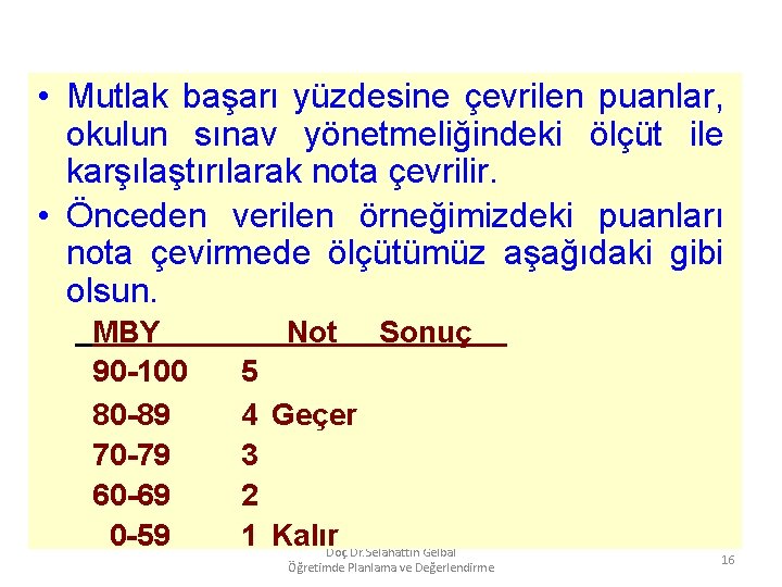  • Mutlak başarı yüzdesine çevrilen puanlar, okulun sınav yönetmeliğindeki ölçüt ile karşılaştırılarak nota