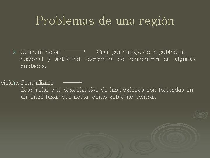 Problemas de una región Ø Concentración Gran porcentaje de la población nacional y actividad