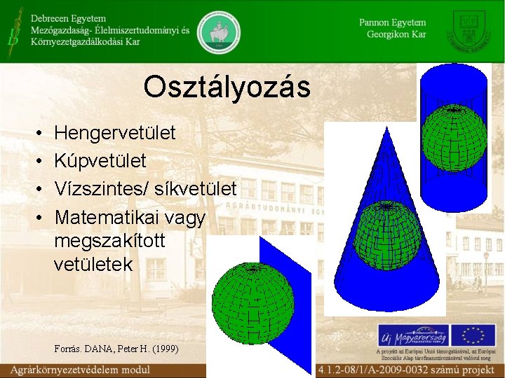 Osztályozás • • Hengervetület Kúpvetület Vízszintes/ síkvetület Matematikai vagy megszakított vetületek Forrás. DANA, Peter