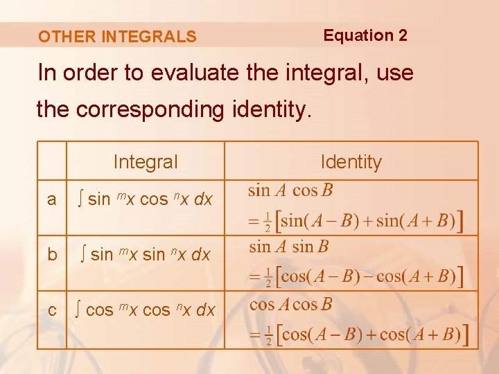 OTHER INTEGRALS Equation 2 In order to evaluate the integral, use the corresponding identity.