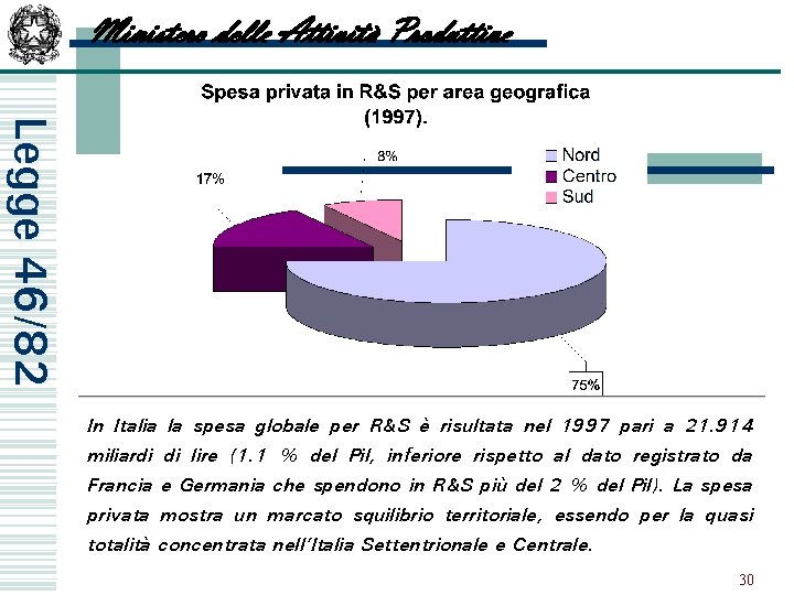 Ministero delle Attività Produttive Legge 46/82 In Italia la spesa globale per R&S è