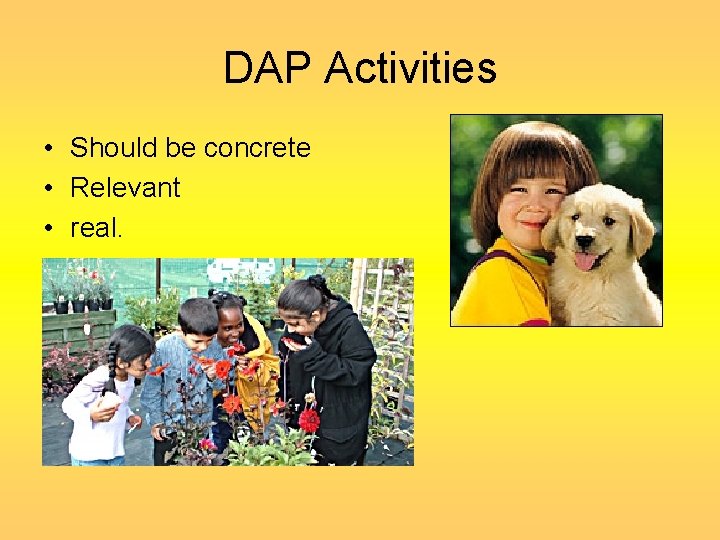 DAP Activities • Should be concrete • Relevant • real. 
