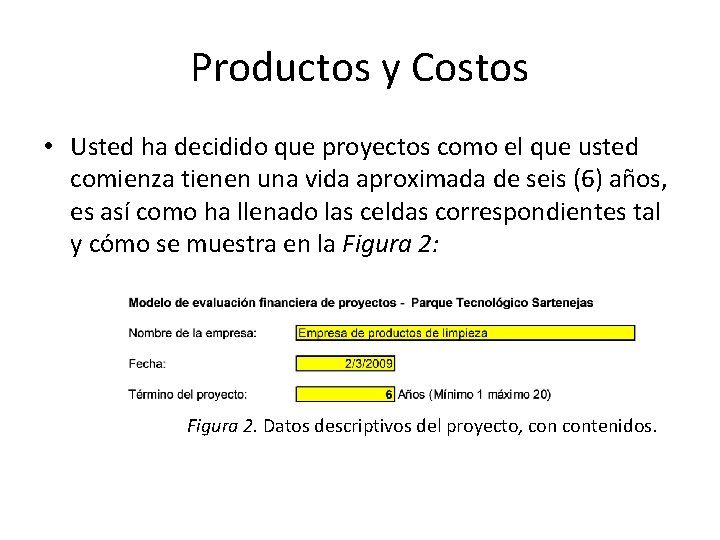 Productos y Costos • Usted ha decidido que proyectos como el que usted comienza