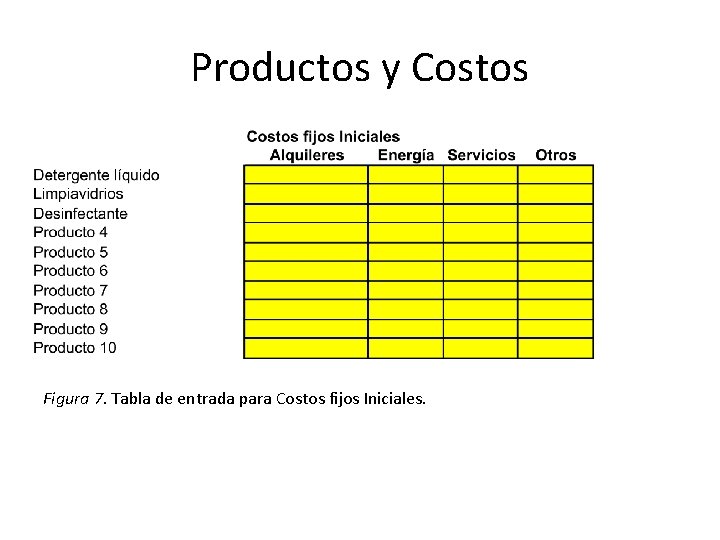 Productos y Costos Figura 7. Tabla de entrada para Costos fijos Iniciales. 