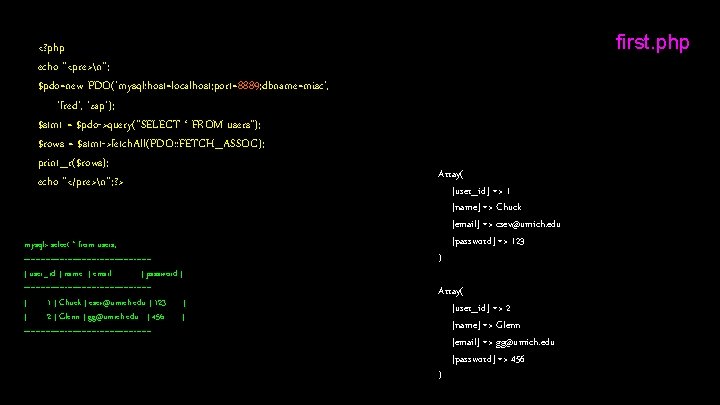 <? php echo "<pre>n"; $pdo=new PDO('mysql: host=localhost; port=8889; dbname=misc', 'fred', 'zap'); $stmt = $pdo->query("SELECT