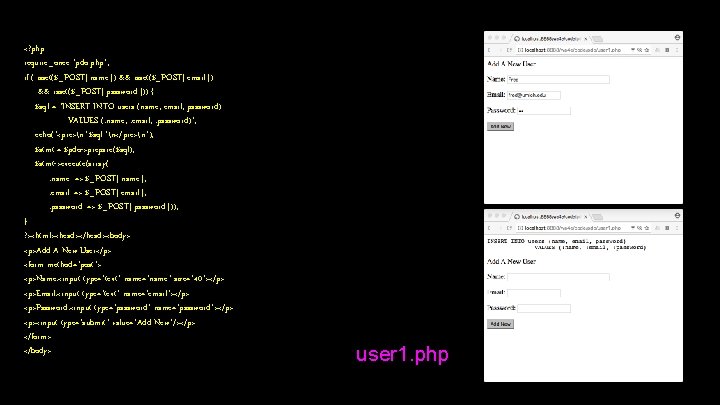 <? php require_once "pdo. php"; if ( isset($_POST['name']) && isset($_POST['email']) && isset($_POST['password'])) { $sql