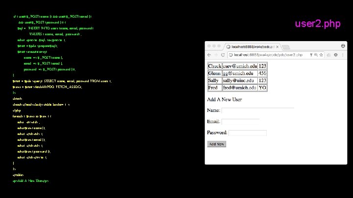 if ( isset($_POST['name']) && isset($_POST['email']) && isset($_POST['password'])) { $sql = "INSERT INTO users (name,