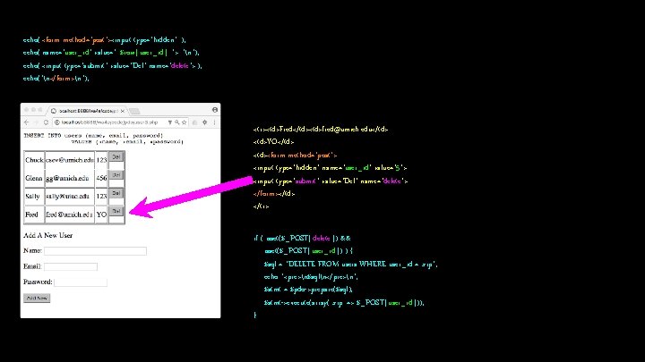 echo('<form method="post"><input type="hidden" '); echo('name="user_id" value="'. $row['user_id']. '">'. "n"); echo('<input type="submit" value="Del" name="delete">'); echo("n</form>n");