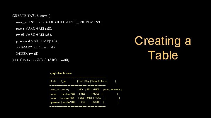 CREATE TABLE users ( user_id INTEGER NOT NULL AUTO_INCREMENT, name VARCHAR(128), email VARCHAR(128), password