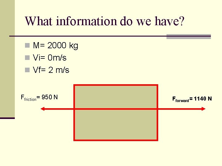 What information do we have? n M= 2000 kg n Vi= 0 m/s n