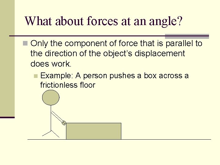 What about forces at an angle? n Only the component of force that is