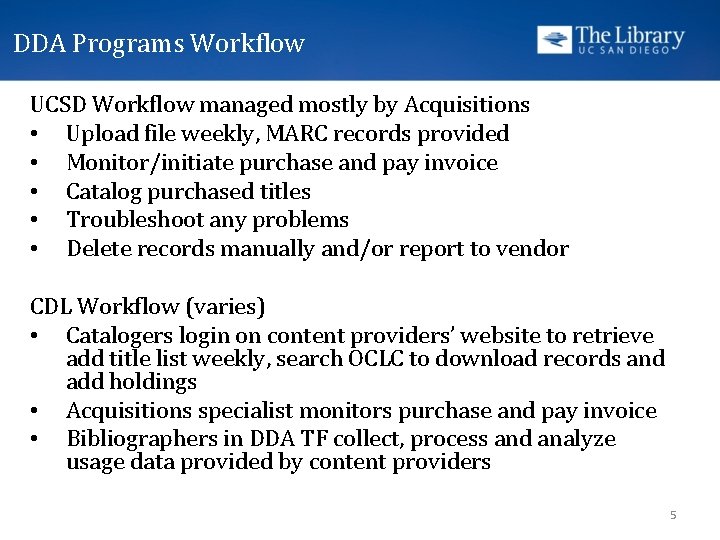 DDA Programs Workflow UCSD Workflow managed mostly by Acquisitions • Upload file weekly, MARC