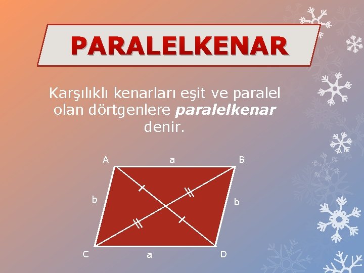 PARALELKENAR Karşılıklı kenarları eşit ve paralel olan dörtgenlere paralelkenar denir. A a B b