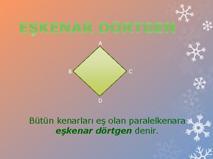 EŞKENAR DÖRTGEN A B C D Bütün kenarları eş olan paralelkenara eşkenar dörtgen denir.